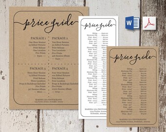 Printable Price List Template - NO COLOR INK - Word, Pdf Instant Download -  Business, Photographer's Simple Pricing Guide / Sheet