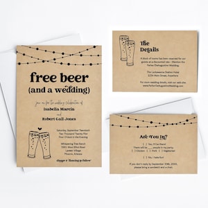 Funny Wedding Invitation Template - Free Beer Fun Brewery Printable Set - Rustic Kraft Paper | Instant Download PDF Suite - Lights