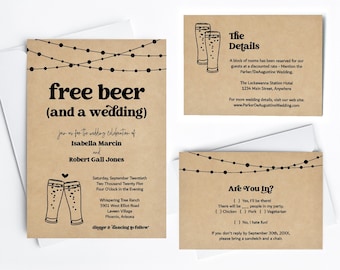 Funny Wedding Invitation Template - Free Beer Fun Brewery Printable Set - Rustic Kraft Paper | Instant Download PDF Suite - Lights