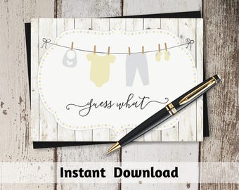 Rustic Pregnancy Announcement Card Download - Printable Pregnancy Reveal Template - Instant Digital File PDF - Onesie on Clothesline - 5x7