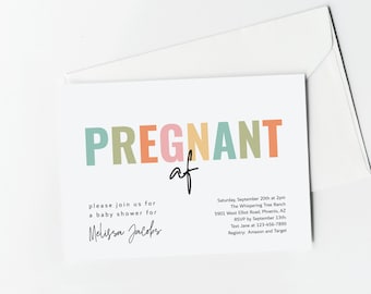 Funny Baby Shower Invitation Template, Printable Pregnant AF Simple Colorful Gender Neutral Invite Evite for Boy or Girl, Download Digital