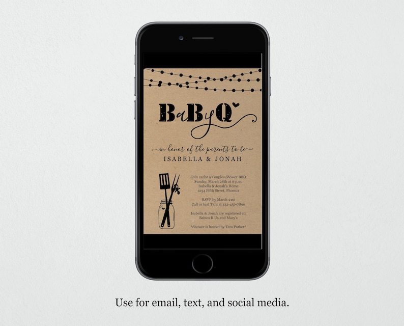 May include: A digital invitation for a baby shower with a rustic brown background and black text. The invitation says "BaByQ" in a stylized font with a heart. The text also includes the names "Isabella & Jonah" and details about the event, including the date, time, location, and RSVP information.