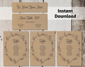 Wedding Seating Chart Printable Template - Seating Plan Cards Rustic Foliage Winter Wreath Kraft Paper - Editable PDF Instant Download DIY