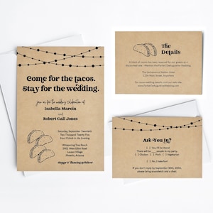 Modello divertente per invito a nozze con taco, divertente set stampabile per campana per camion taco bar Fiesta messicana, carta Kraft, suite PDF per download istantaneo