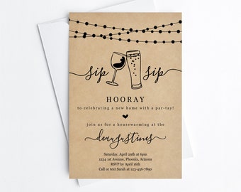 Sip Sip Hooray Houeswarming Party Invitation Template, Printable Beer Wine Theme House Warming Party Invite, Instant Download Digital File