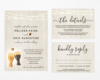 Brewery Wedding Invitation Template - Rustic Beer Pint Glass Toast on Wood Printable Set - Instant Download PDF Suite - String Lights