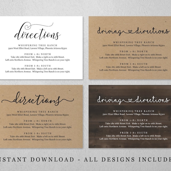 Directions Card Template - Printable Wedding Direction Enclosure Insert - Rustic Kraft Paper - Editable Instant Download Digital File PDF