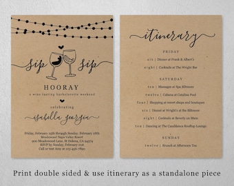 Wine Tasting Bachelorette Weekend Invitation & Itinerary Template, Sip Sip Hooray Hens Party Invite, Instant Download PDF File, Kraft Paper
