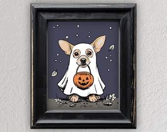 Halloween Dog Wall Art Print, Printable Decor, Chihuahua Lover Gift, Puppy in Ghost Costume, Digital File Download