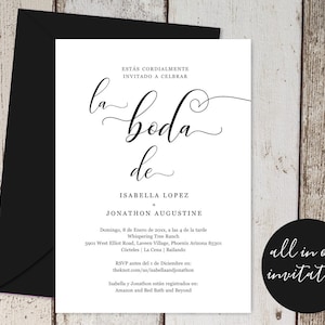 Convite de casamento espanhol tudo em um com RSVP e registro, selo para impressão e modelo de envio, convite simples, download instantâneo de arquivo digital PDF