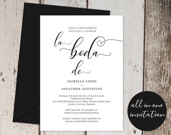 Spanish Wedding Invitation All in One w- RSVP and Registry, Printable Seal & Send Template, Simple Invite, Instant Download Digital File PDF