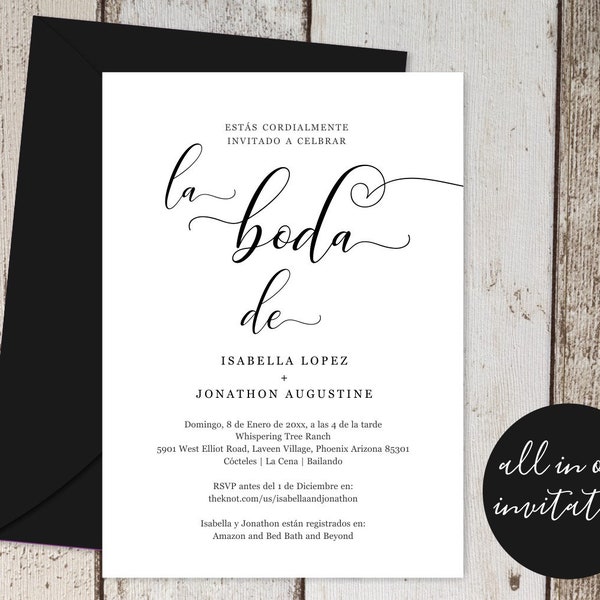 Spanish Wedding Invitation All in One w- RSVP and Registry, Printable Seal & Send Template, Simple Invite, Instant Download Digital File PDF