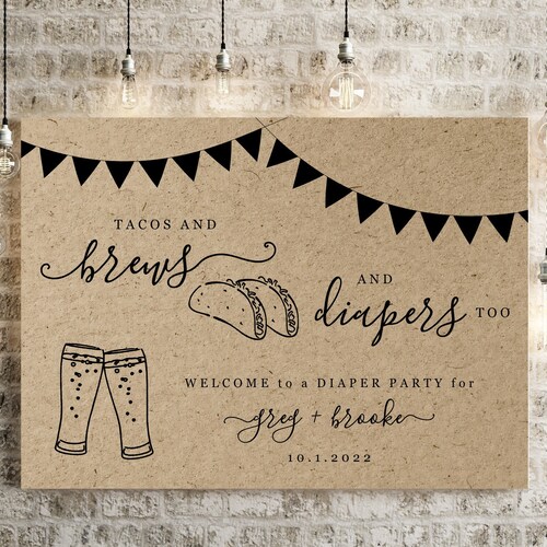Tacos Brews and Diapers Too Diaper Party Invitation Coed Etsy