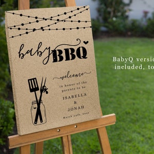 May include: A brown paper sign with string lights at the top, announcing a "baby BBQ" in honor of Isabella & Jonah. The sign includes a welcome message and the date "March 24th, 20xx".