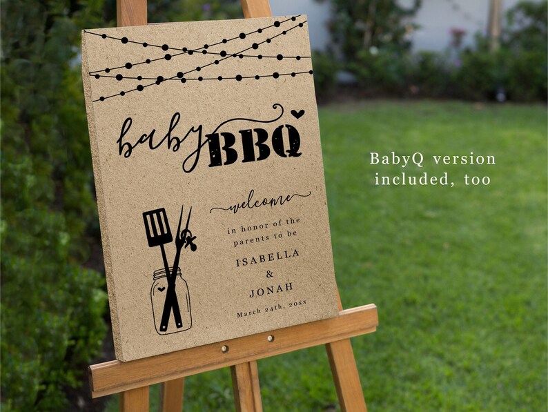 May include: A brown paper sign with string lights at the top, announcing a "baby BBQ" in honor of Isabella & Jonah. The sign includes a welcome message and the date "March 24th, 20xx".