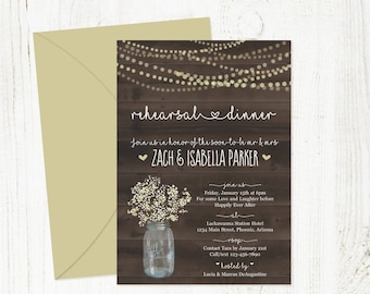 Rehearsal Dinner Invitation Template - Rustic Mason Jar w Baby's Breath & String Lights / Wood - Printable DIY Instant Download Digital File