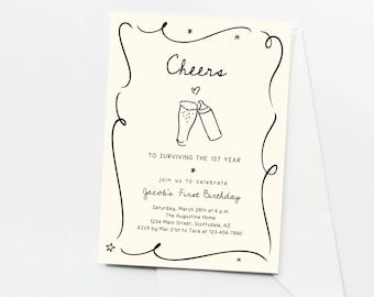 Cheers to Surviving the First Year Funny 1st Birthday Invitation Template - Beer and Bottle Toast Doodles, Printable & Evite, Download File