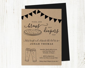 Pizza and Brews Diapers Too Invitation Template, Printable Daddy Guy Men Baby Shower Party Invite Evite Instant Download Digital File PDF