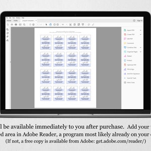 May include: A laptop screen displaying a PDF document with a grid of sixteen rectangular labels. Each label features a light blue background with black script text at the top and smaller black text underneath, arranged in four rows of four.