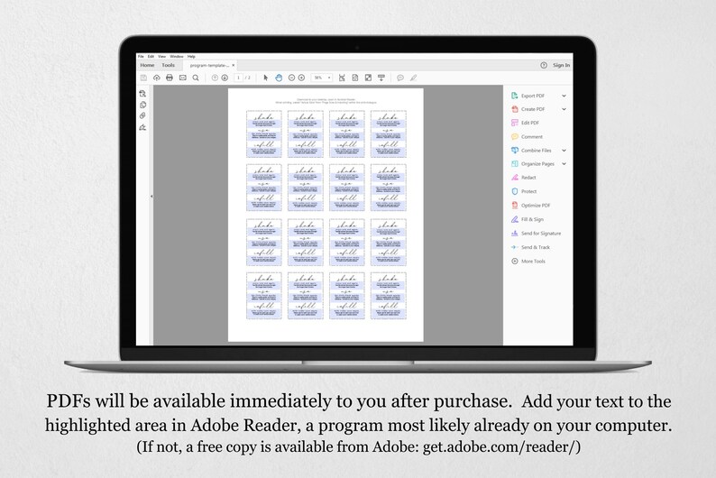 May include: A laptop screen displaying a PDF document with a grid of sixteen rectangular labels. Each label features a light blue background with black script text at the top and smaller black text underneath, arranged in four rows of four.