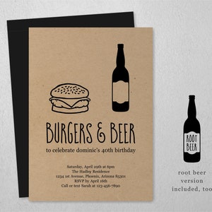 Burgers & Beer Invitation Template, BBQ Brews Birthday Bachelor Party Printable Invite Instant Download Digital File, Kraft Paper, Barbeque