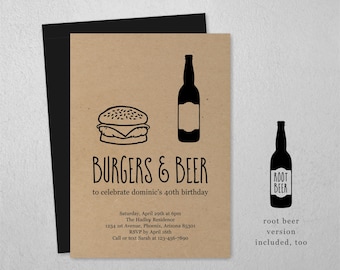 Burgers & Beer Invitation Template, BBQ Brews Birthday Bachelor Party Printable Invite Instant Download Digital File, Kraft Paper, Barbeque