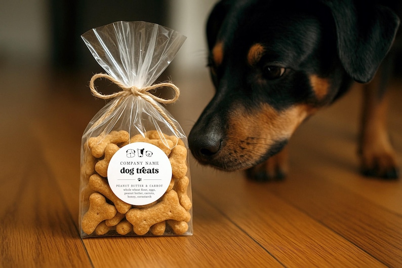 May include: A clear cellophane bag tied with twine, filled with bone-shaped dog treats. The label reads "dog treats" and lists ingredients. A black and brown dog is in the background, looking at the treats.