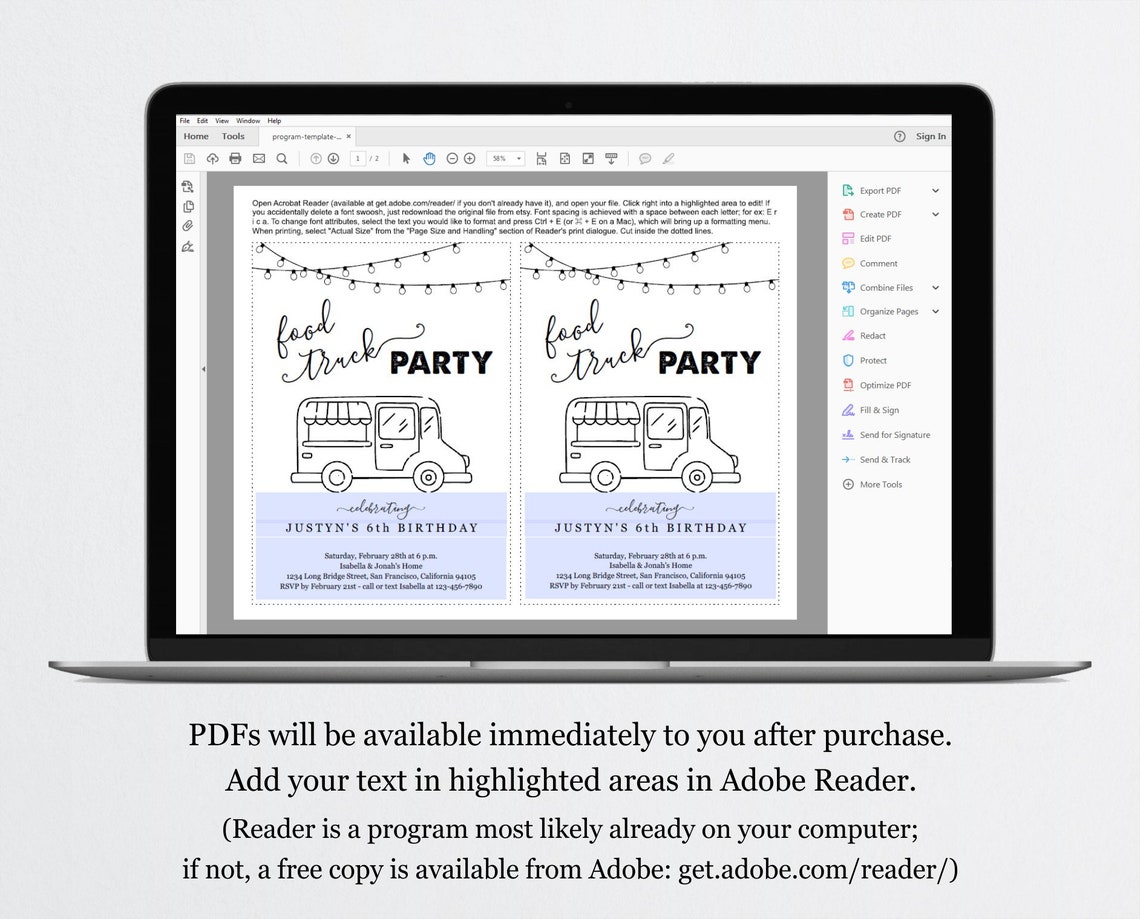 Food Truck Party Invitation Template Printable Birthday Etsy