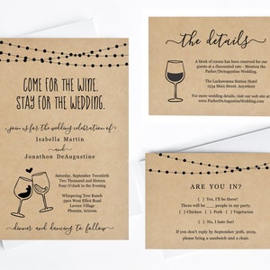 Funny Wine Wedding Invitation Template Fun Winery Wine Glass Toast Printable Set, Rustic Kraft Paper, Instant Download PDF Suite, Lights image 1