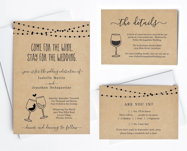 Funny Wine Wedding Invitation Template Fun Winery Wine Glass Toast Printable Set, Rustic Kraft Paper, Instant Download PDF Suite, Lights image 1