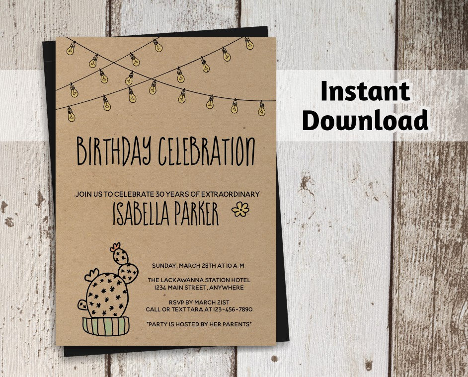 cactus birthday invitation for women printable template rustic