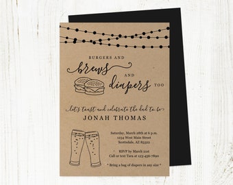 Burgers and Brews Diapers Too Invitation Template, Printable Daddy Guy Men Baby Shower Party Invite Evite Instant Download Digital File PDF