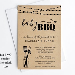 Modello di invito per barbecue per bambini, coppia stampabile Baby Q Barbeque Shower, carta kraft in barattolo di vetro rustico, file PDF per il download istantaneo, invito BabyQ