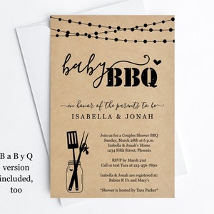 Baby BBQ Invitation Template, Printable Couple Baby Q Barbeque Shower, Rustic Mason Jar Kraft Paper, Instant Download PDF File, BabyQ Invite image 1