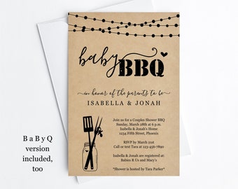 Baby BBQ Invitation Template, Printable Couple Baby Q Barbeque Shower, Rustic Mason Jar Kraft Paper, Instant Download PDF File, BabyQ Invite