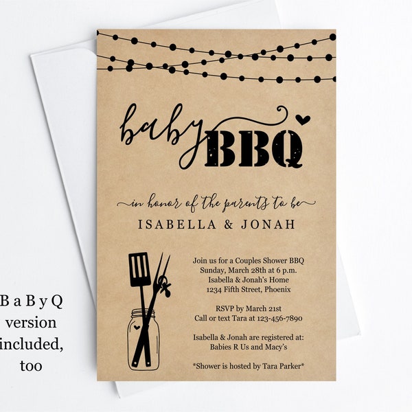 Baby BBQ Invitation Template, Printable Couple Baby Q Barbeque Shower, Rustic Mason Jar Kraft Paper, Instant Download PDF File, BabyQ Invite