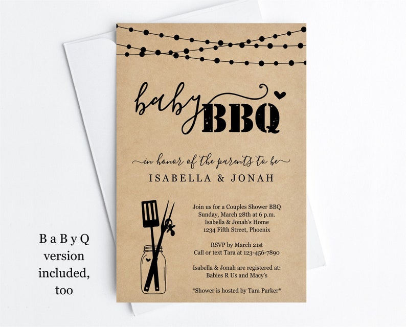 May include: A brown paper invitation with string lights at the top. The text reads "baby BBQ in honor of the parents to be Isabella & Jonah". The invitation includes details for a couples shower BBQ on Sunday, March 28th at 6 p.m. at Isabella & Jonah's home. The RSVP date is March 21st. The invitation also includes the phone number to RSVP and the registry information.