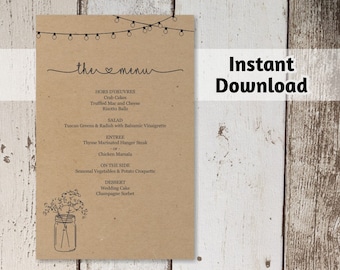 Printable Wedding Menu Template - Rustic Bar Menu - Mason Jar, Lights, Baby Breath on Kraft Paper - DIY PDF Instant Download - 4x6 5x7