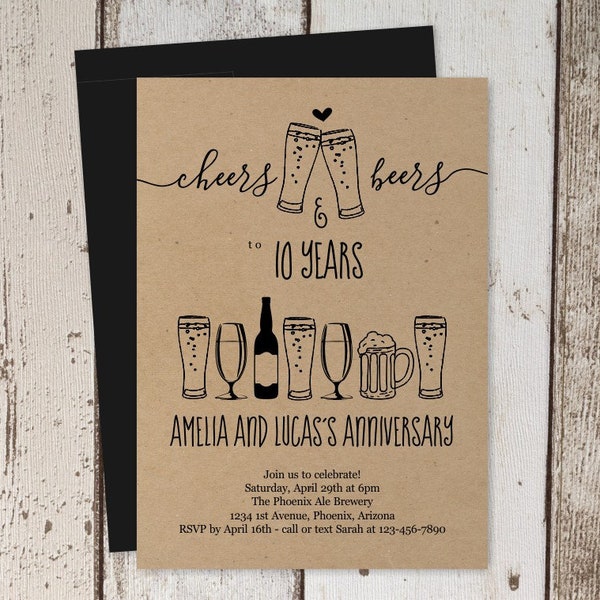 Cheers & Beers Anniversary Party Invitation Template, Brewery Invite Instant Download Digital File, Kraft Paper, 10th 10 20th 20 25th Year