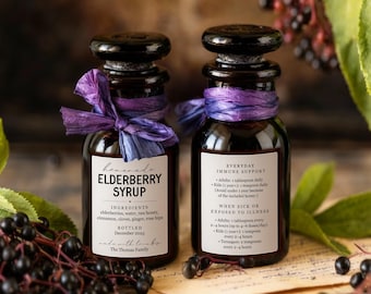 Homemade Elderberry Syrup Labels with Instructions - Set of 18 Front and Back (36 in all) Personalized Gift Stickers - Water & Oil Resistant
