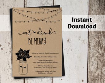 Printable Christmas Party Invitation Template - Rustic Kraft Paper Holiday Party Invitation - Instant Download Digital File PDF