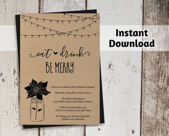 Printable Christmas Party Invitation Template Rustic Kraft | Etsy