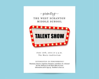 Talent Show Flyer Printable Template, Editable 8.5x11" Sign, Elementary Middle High School Church Variety, Instant Download Digital File PDF