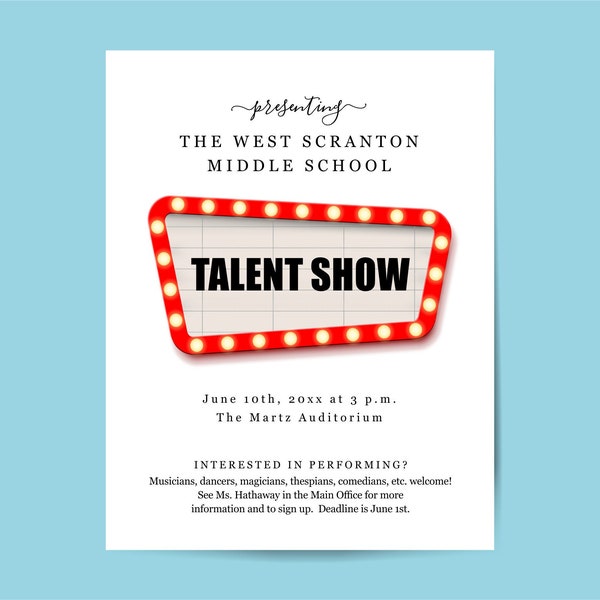 Talent Show Flyer Printable Template, Editable 8.5x11" Sign, Elementary Middle High School Church Variety, Instant Download Digital File PDF