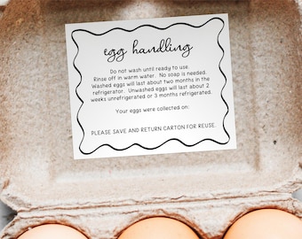 Plantilla de etiqueta con instrucciones para huevos, pegatina imprimible para cartón con instrucciones de manipulación de huevos frescos, texto personalizado, edición en Canva.
