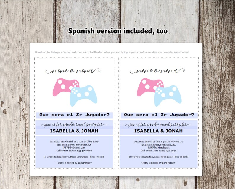 Videogames Gender Reveal Uitnodiging Download - Speler 3 Hij of Zij Game Controllers - Afdrukbare sjabloon - Instant Digitaal Bestand - 5x7 afbeelding 3