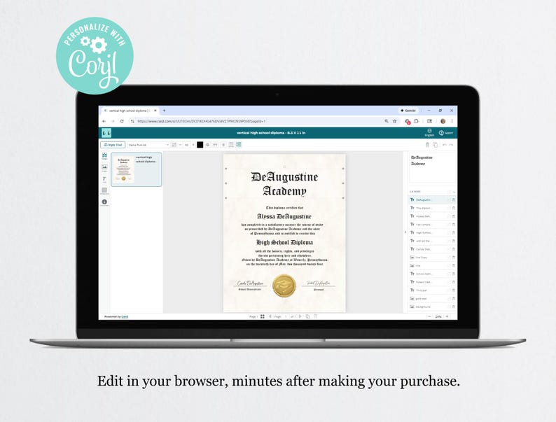 K&ouml;nnte beinhalten: Ein Laptop zeigt eine Diplomvorlage mit dem Text "DeAugustine Academy" und "High School Diploma". Das Diplom hat ein goldenes Siegel und befindet sich auf einem pergamentartigen Hintergrund. Der Bildschirm zeigt auch das Corjl-Logo und den Text "Edit in your browser, minutes after making your purchase."