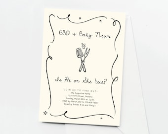 BBQ Gender Reveal Invitation, Printable BabyQ Backyard Cookout Invite, Hand Drawn Doodles Download, Twins Triplets Baby Barbeque
