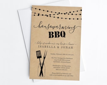 Housewarming BBQ Invitation Template, Printable House Warming Barbeque Party, Barbecue Invite Evite, Rustic Kraft Instant Download File PDF