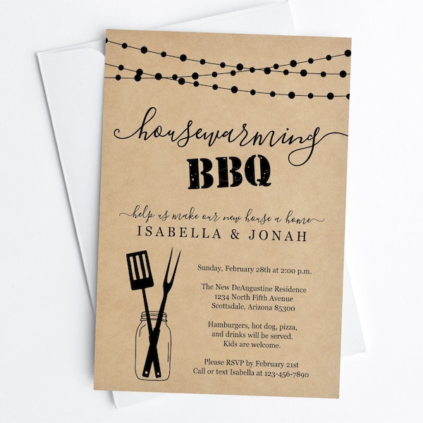 Housewarming BBQ Invitation Template, Printable House Warming Barbeque Party, Barbecue Invite Evite, Rustic Kraft Instant Download File PDF